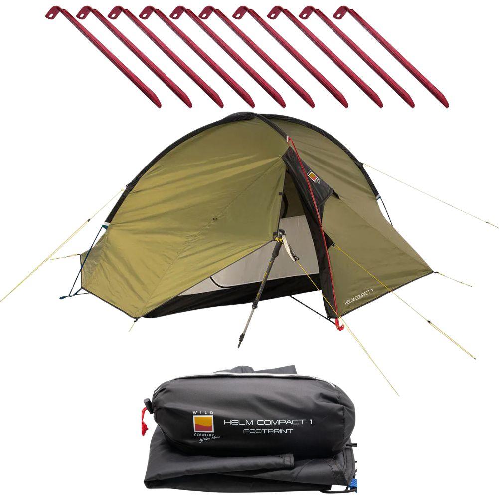 Wild Country Helm Compact 1 Tent + Helm Compact 1 Footprint + Aluminium Alloy V-Angle Peg (10 Pack)
