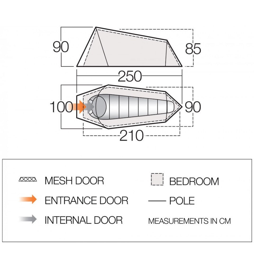 Vango Soul 100 Tent - 1 Man Lightweight Tent - Measurements