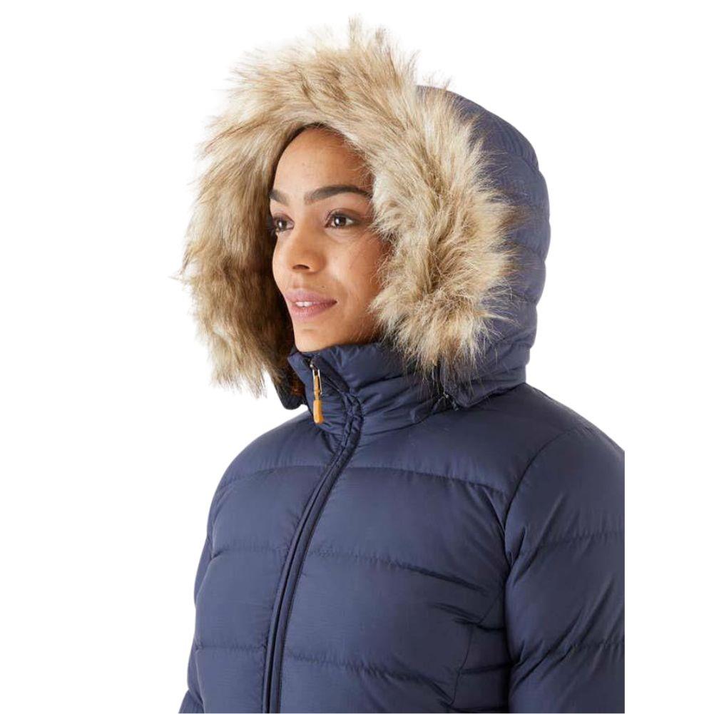 Rab Women&#39;s Deep Cover Recycled Down Parka (Deep Denim) angle hood up