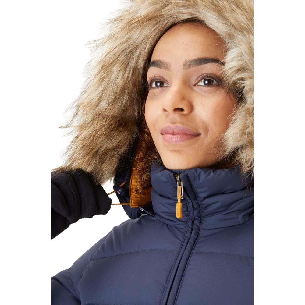 Rab Women&#39;s Deep Cover Recycled Down Parka (Deep Denim) hood up