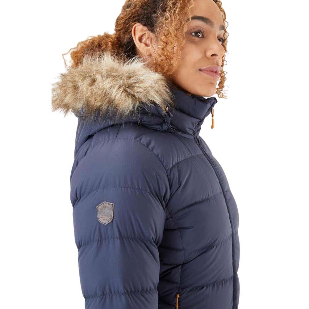Rab Women&#39;s Deep Cover Recycled Down Parka (Deep Denim) side profile hoody