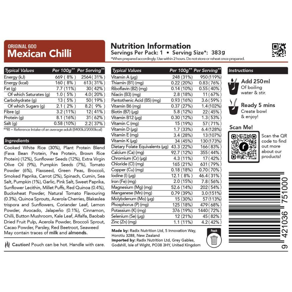 Radix Nutrition Original Meals v8.0 – 600Kcal back info