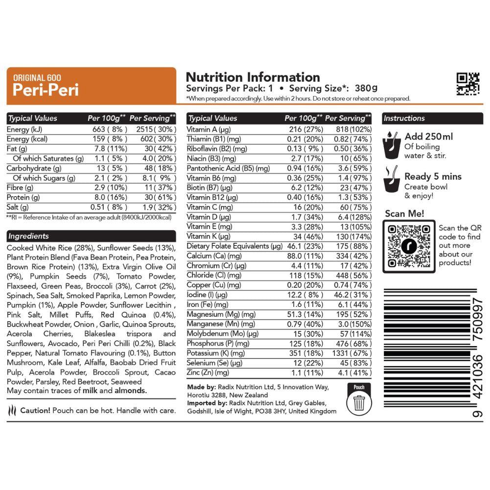 Radix Nutrition Original Meals v8.0 - 600Kcal back info