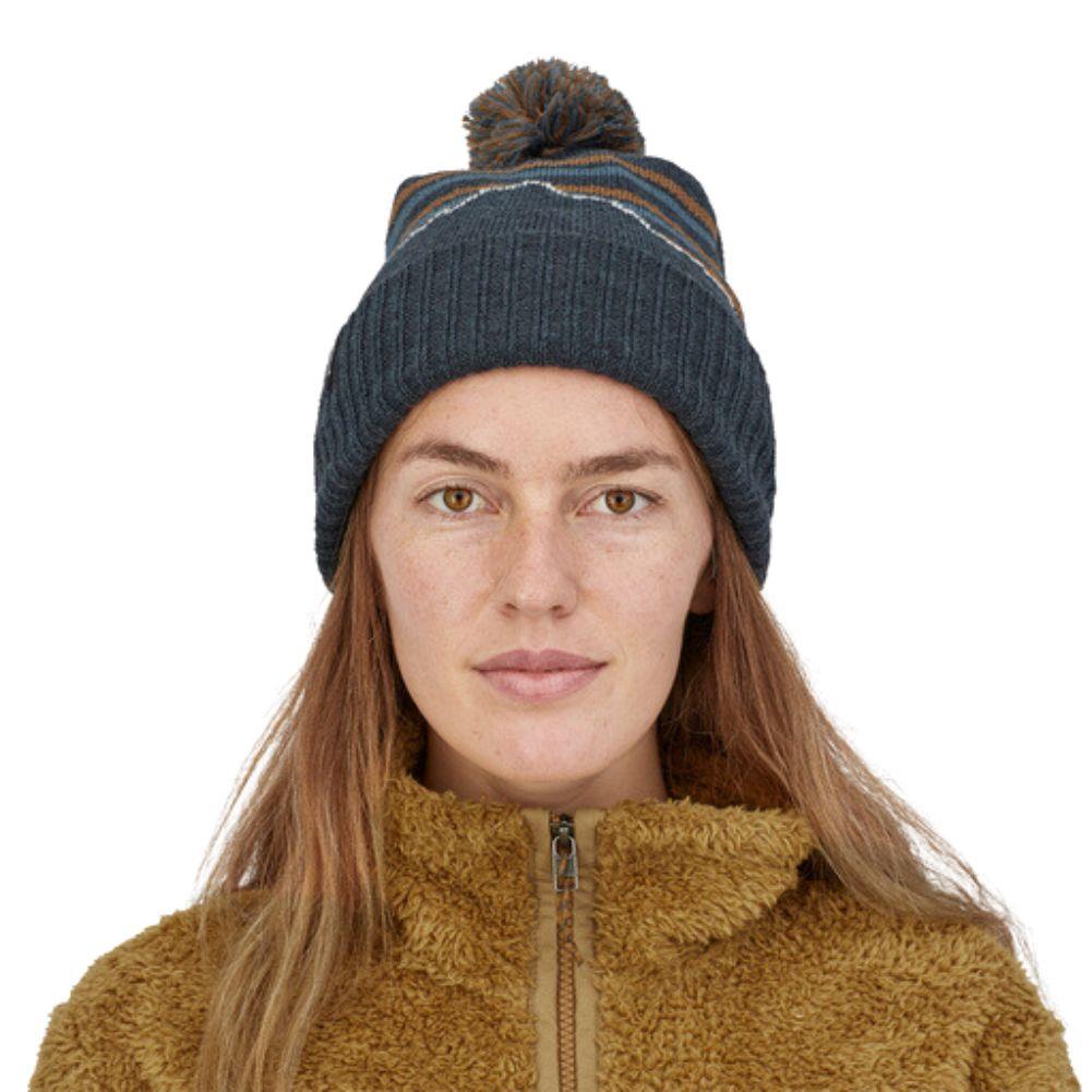 Patagonia Powder Town Beanie (Fitz Roy Stripe Knit: Smolder Blue) - On Person