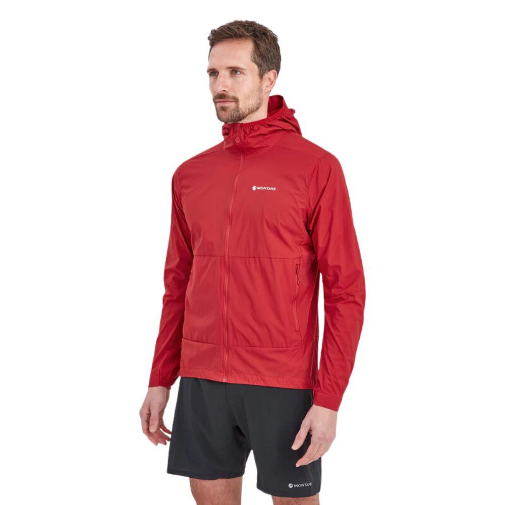 Montane Men’s Featherlite Packable Hooded Windproof Jacket (Acer Red) model angle