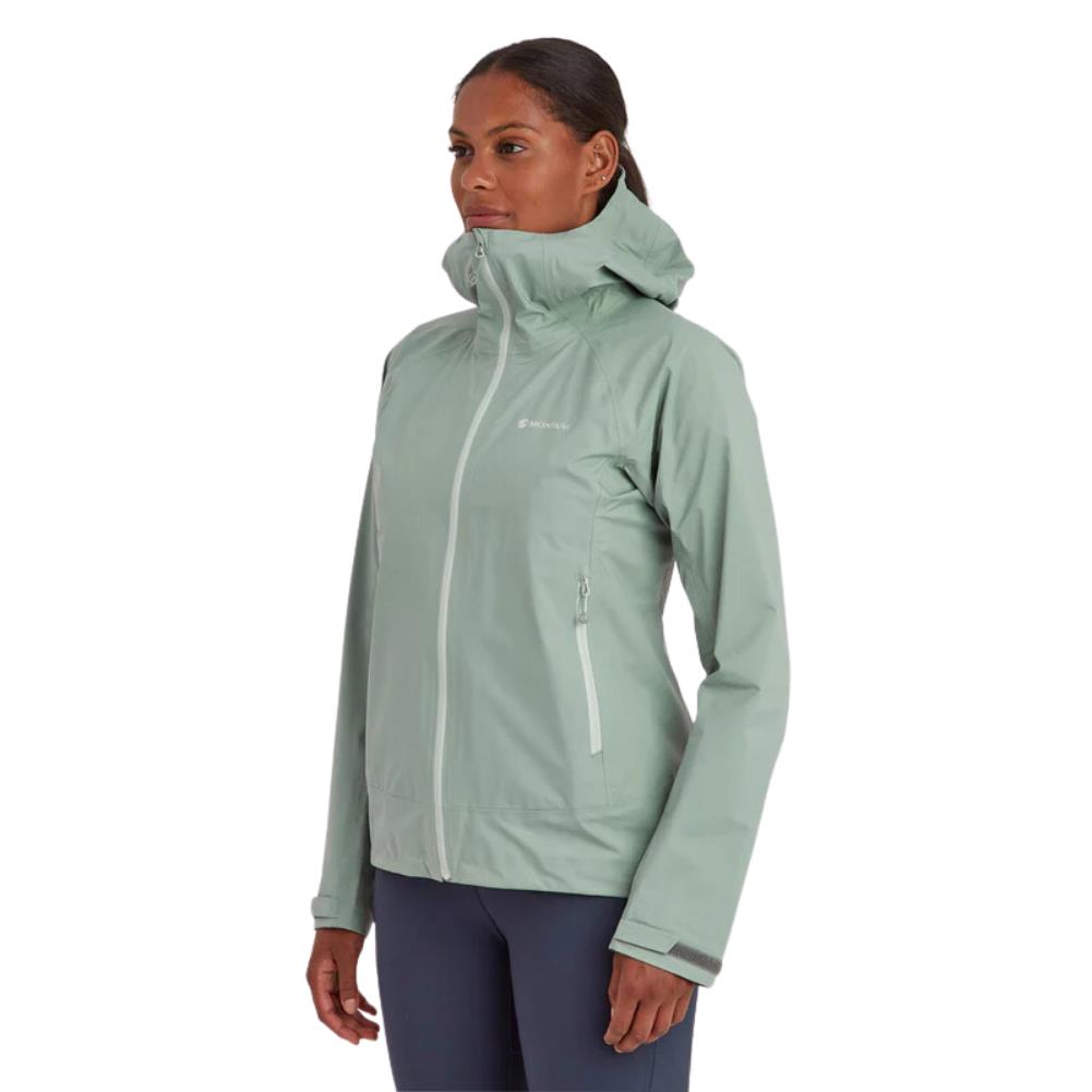 Montane Women&#39;s Phase Lite Waterproof Jacket (Pale Sage) angle model