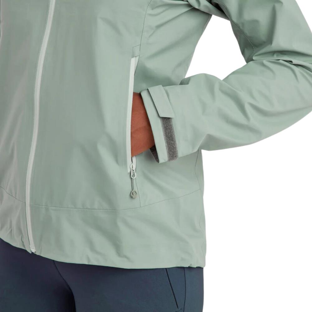 Montane Women&#39;s Phase Lite Waterproof Jacket (Pale Sage) hand in pocket