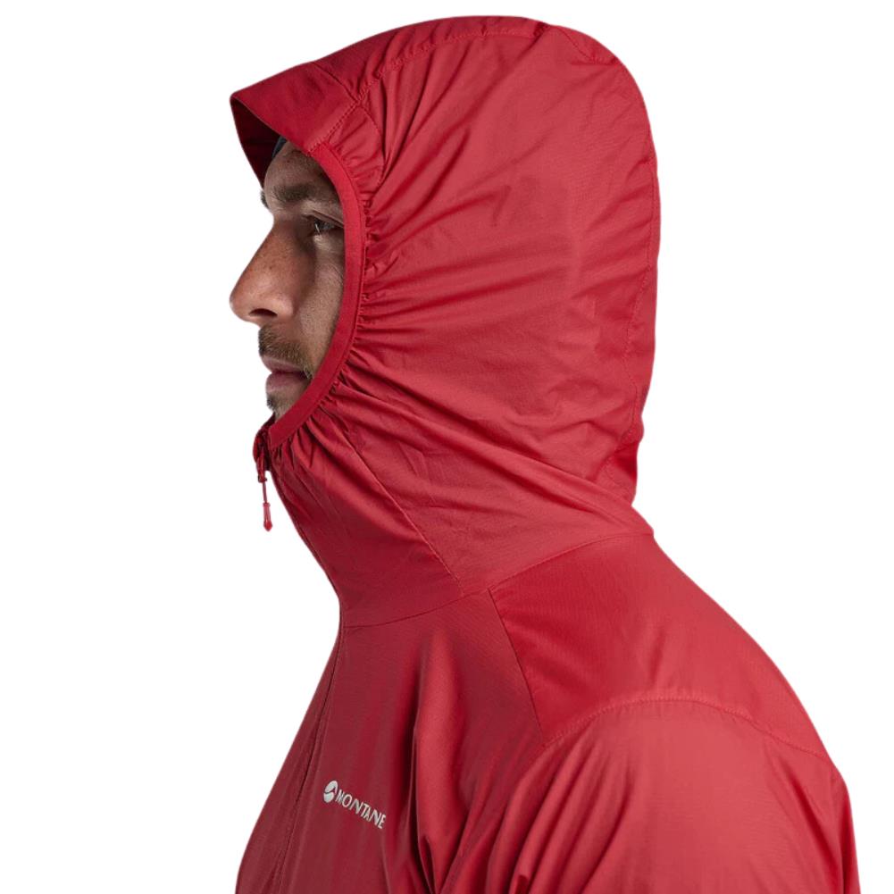 Montane Men's Featherlite Packable Hooded Windproof Jacket (Acer Red) hood upp profile