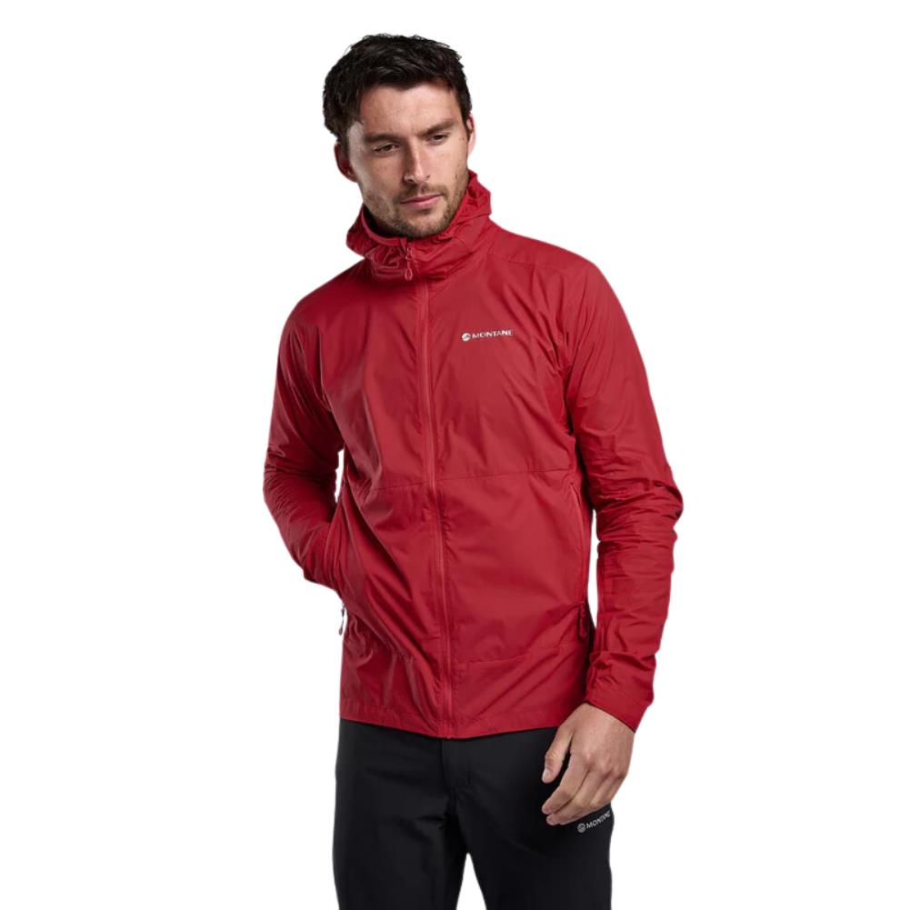 Montane Men&#39;s Featherlite Packable Hooded Windproof Jacket (Acer Red) hand in pocket