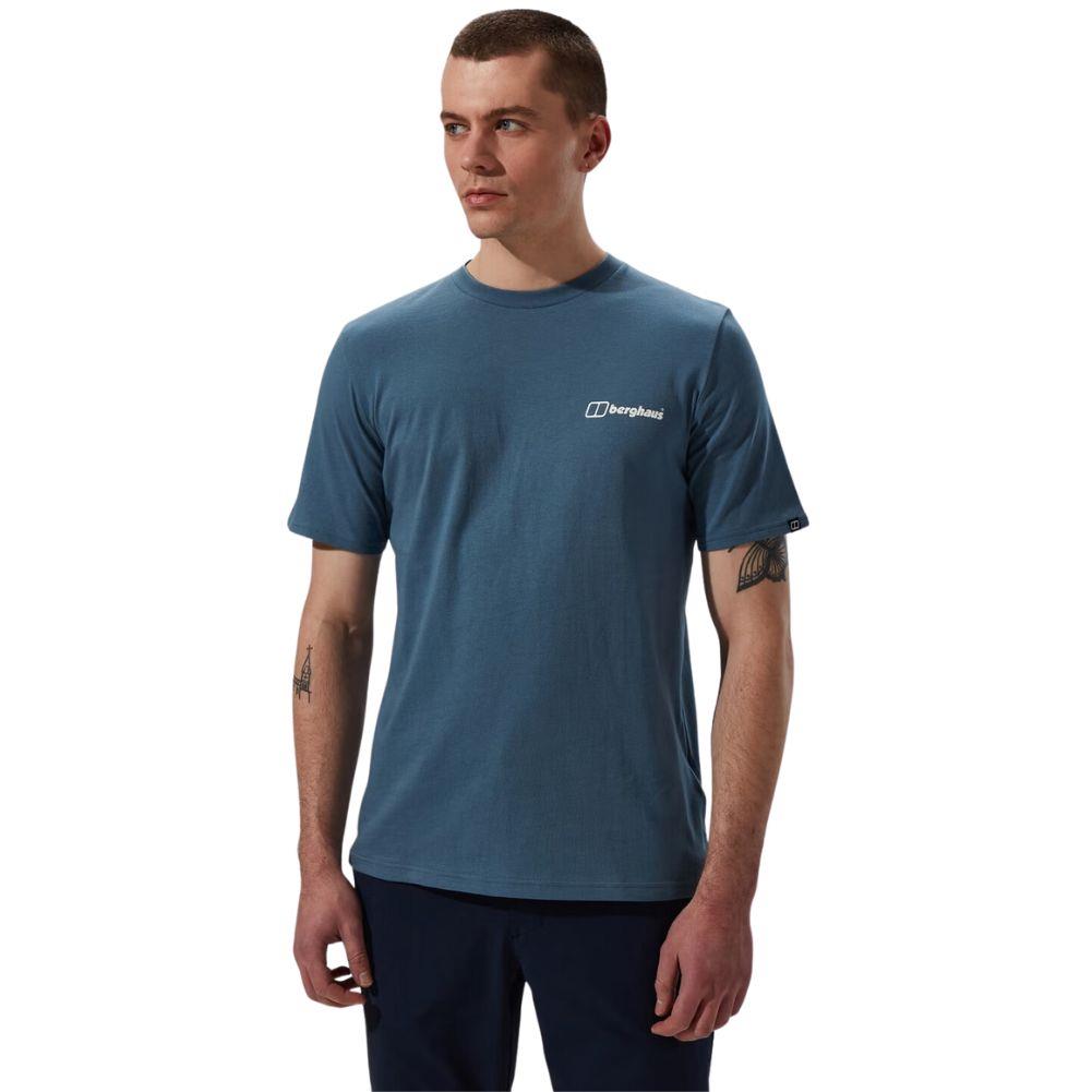 Berghaus Men's Cheviot Box Logo Short Sleeve T-Shirt (Blue) model looking away