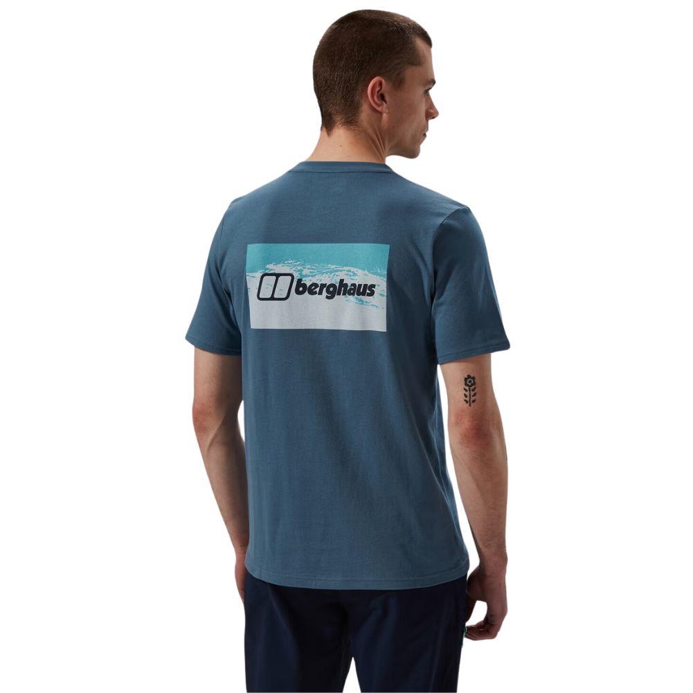 Berghaus Men&#39;s Cheviot Box Logo Short Sleeve T-Shirt (Blue) model back to us