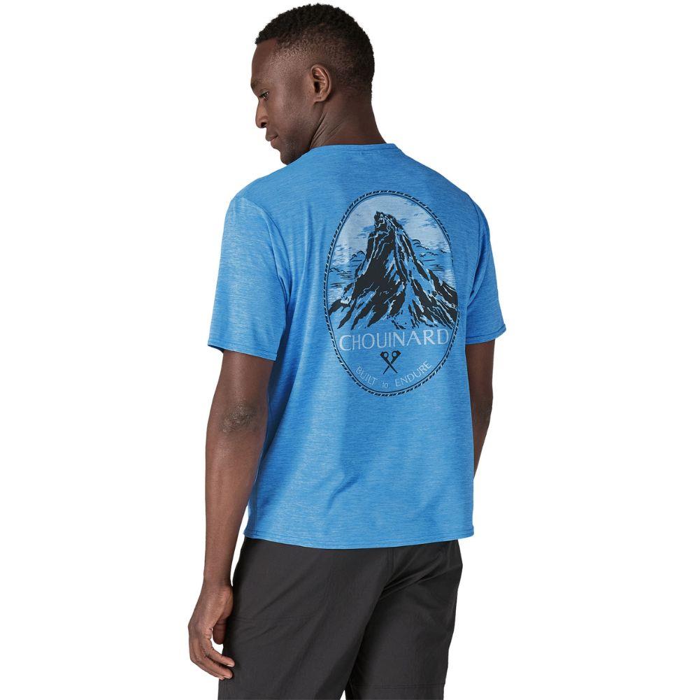 Patagonia Men's Capilene Cool Daily Graphic Shirt - Lands (Chouinard Crest: Vessel Blue X-Dye) model bacl angle