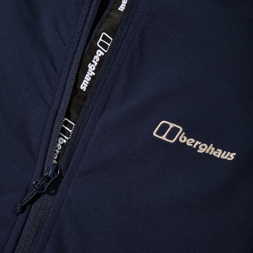 Berghaus Men&#39;s Skelbo Softshell Jacket (Dark Blue) close up logo