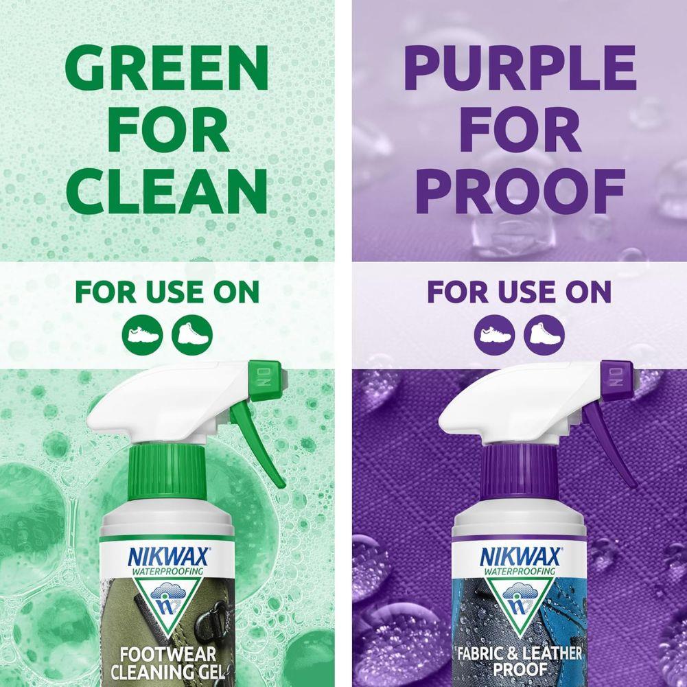 Nikwax Twin Fabric &amp; Leather Spray/Footwear Cleaning Gel Spray 300ml green and purple