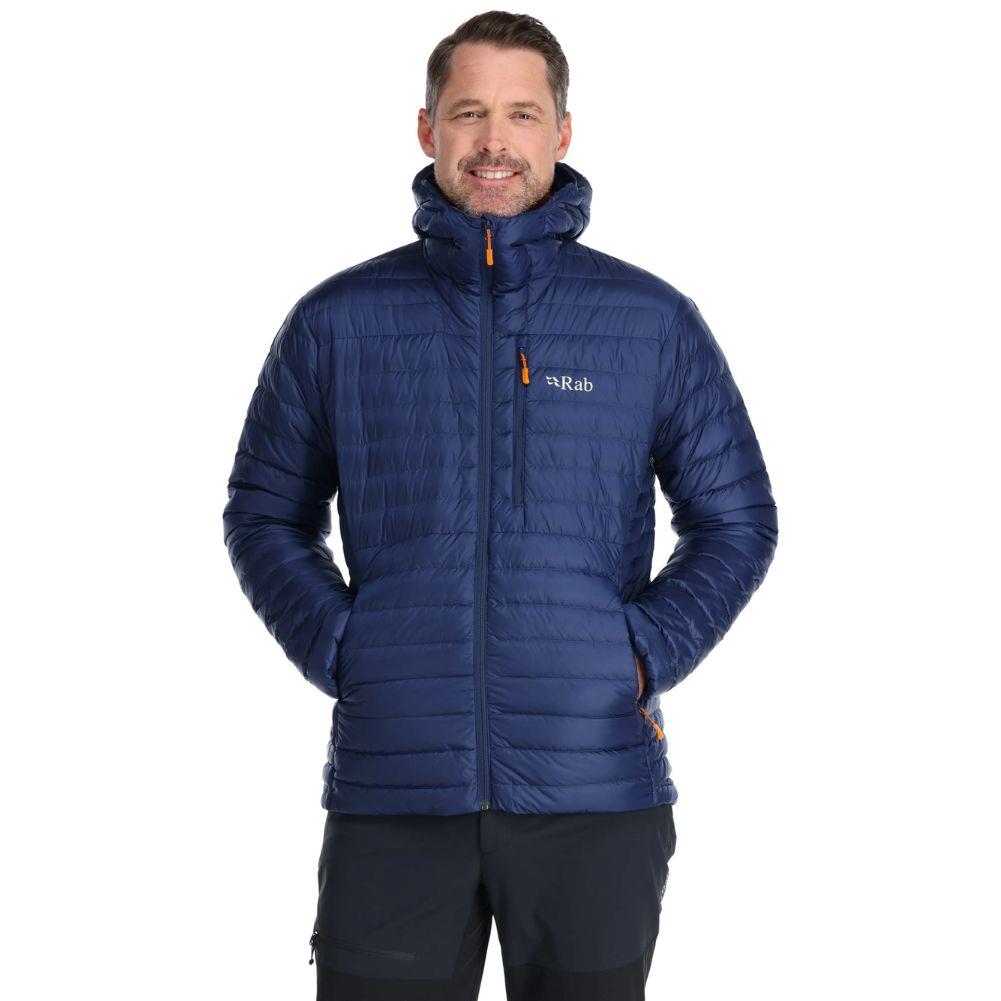 Rab Men's Microlight Alpine Down Jacket (Deep Ink/Marmalade) model hands in pocket