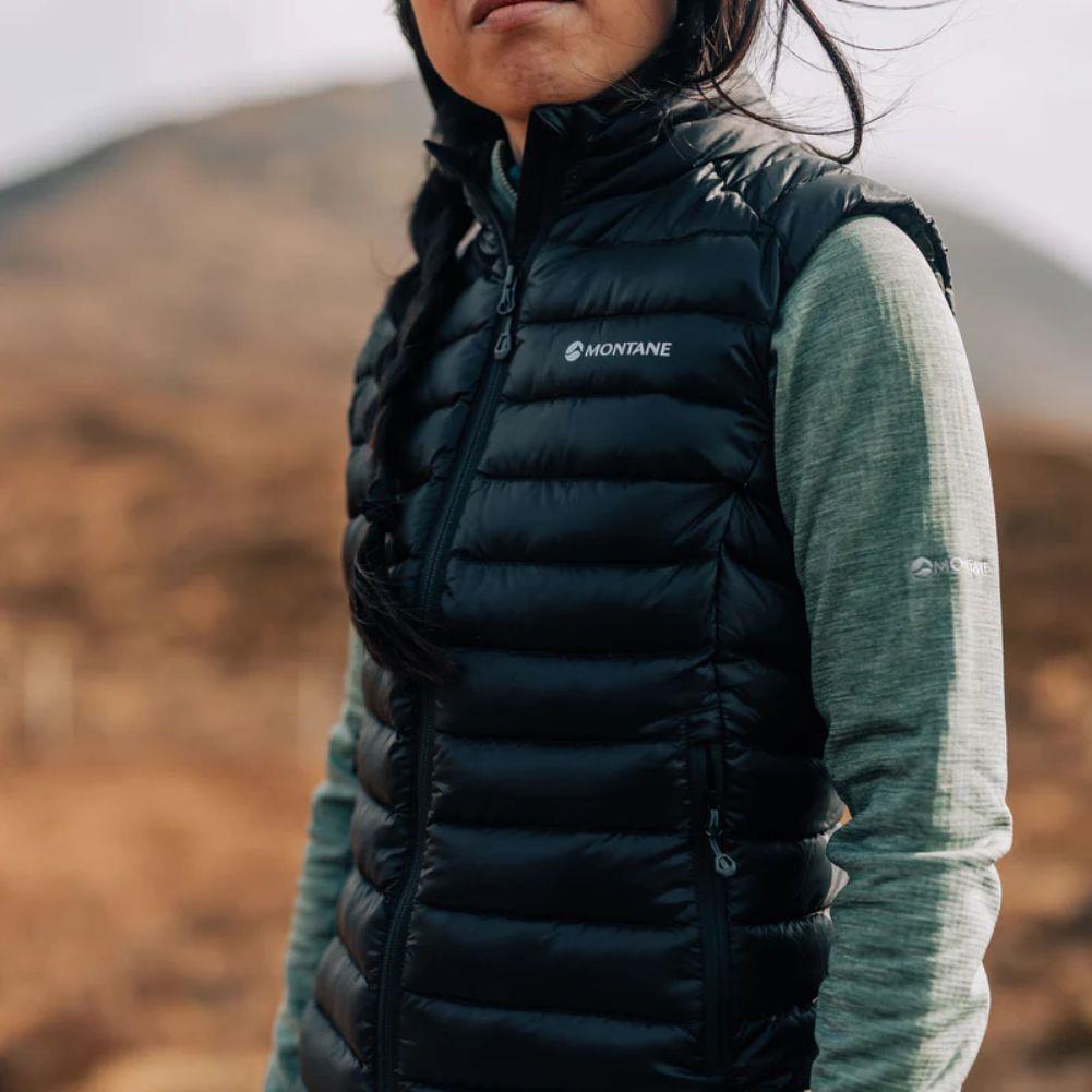 Montane Women&#39;s Anti-Freeze Down Gilet (Black) being used