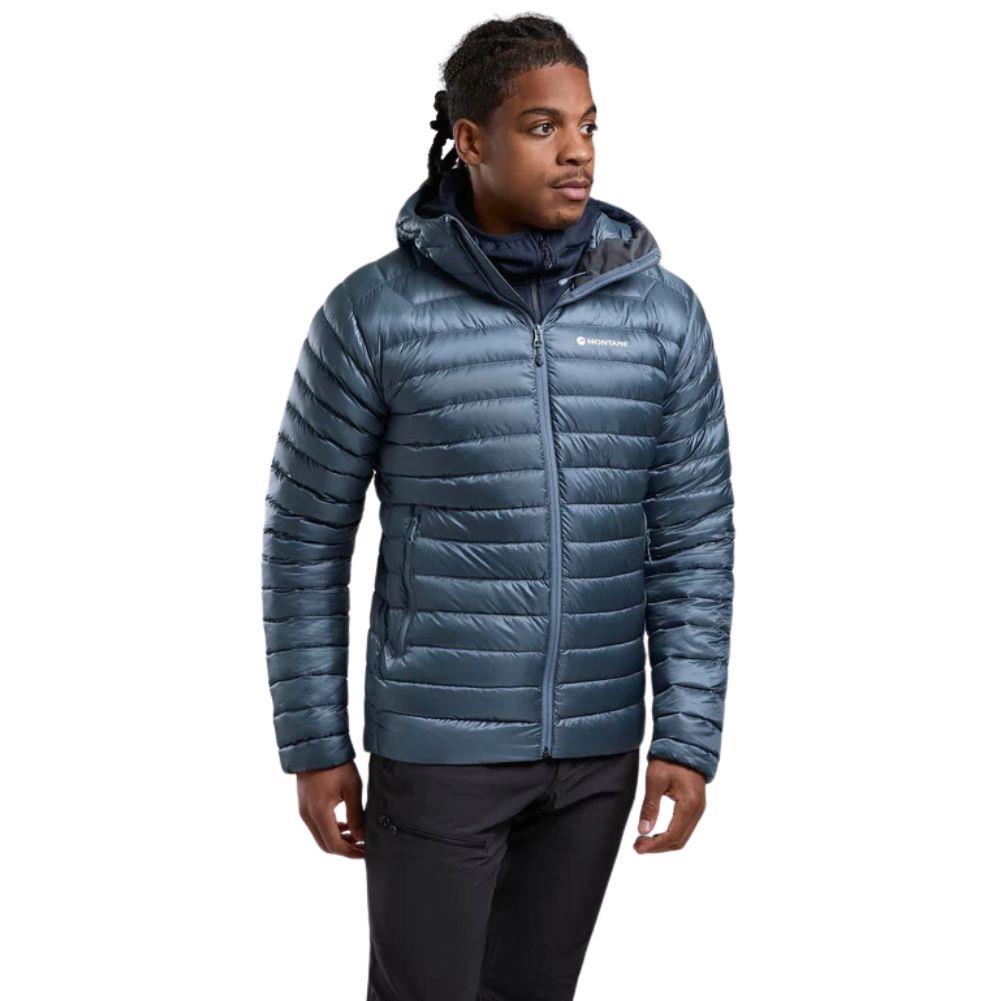 Montane Men&#39;s Anti-Freeze Hooded Down Jacket (Stone Blue) model looking away