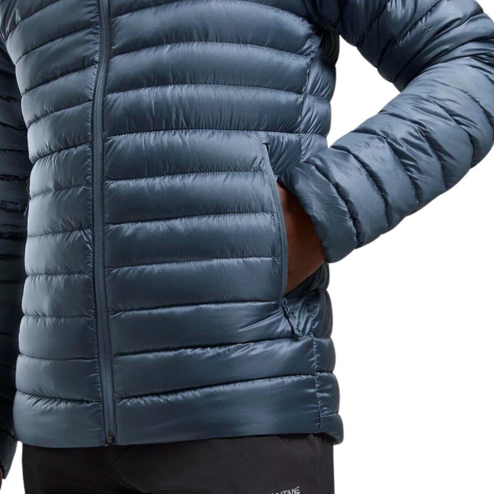 Montane Men&#39;s Anti-Freeze Hooded Down Jacket (Stone Blue) hand in pocket