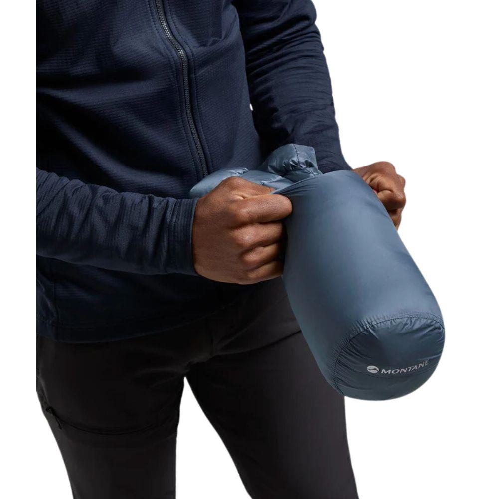 Montane Men&#39;s Anti-Freeze Hooded Down Jacket (Stone Blue) packing up