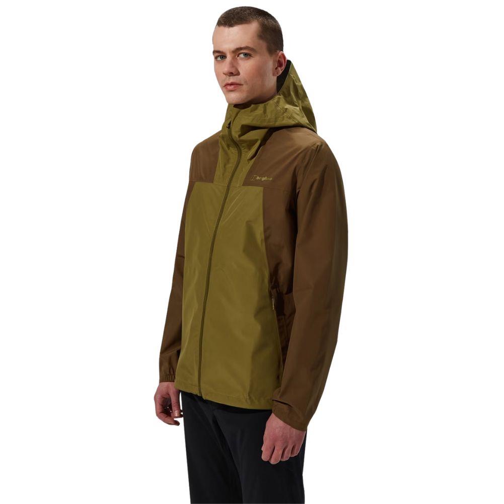 Berghaus Men's Deluge Pro 3.0 Waterproof Jacket (Green/Brown) model half turn looking at us