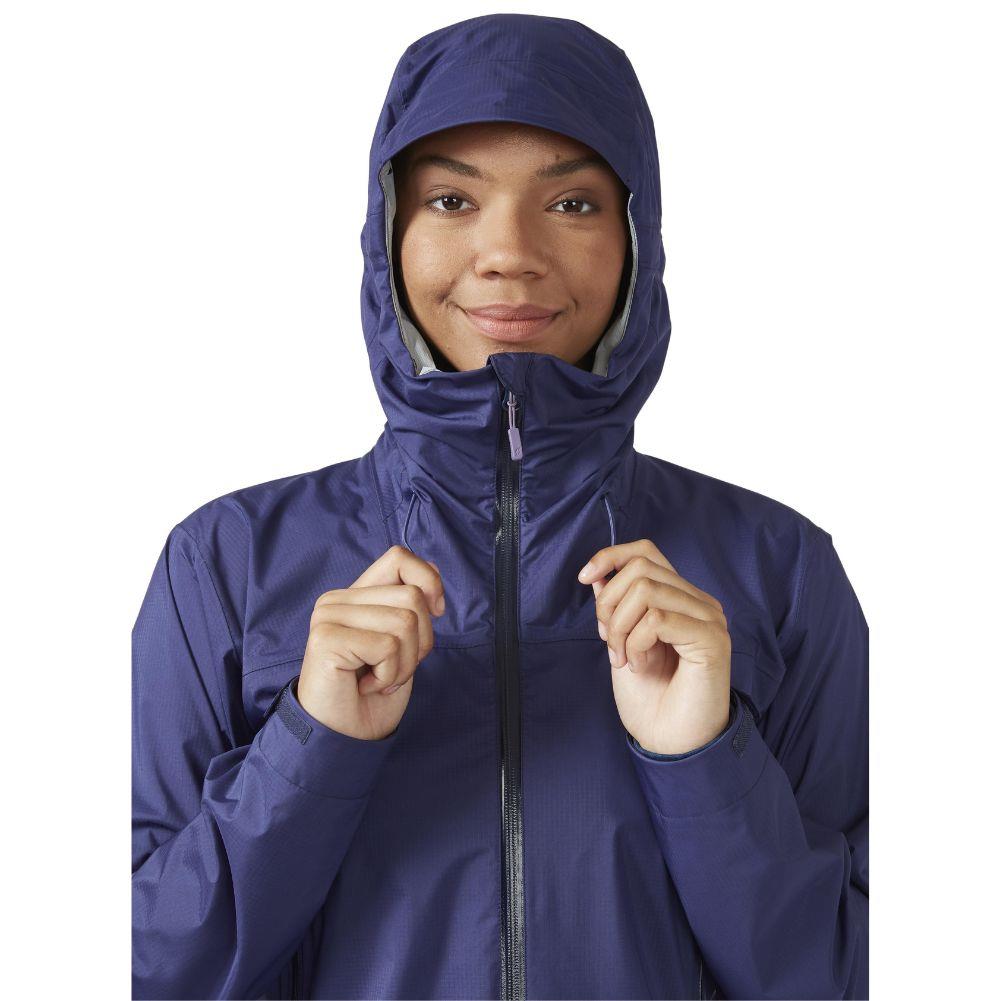 RAB Women&#39;s Downpour Plus 2.0 Waterproof Jacket (Patriot Blue) hood up front