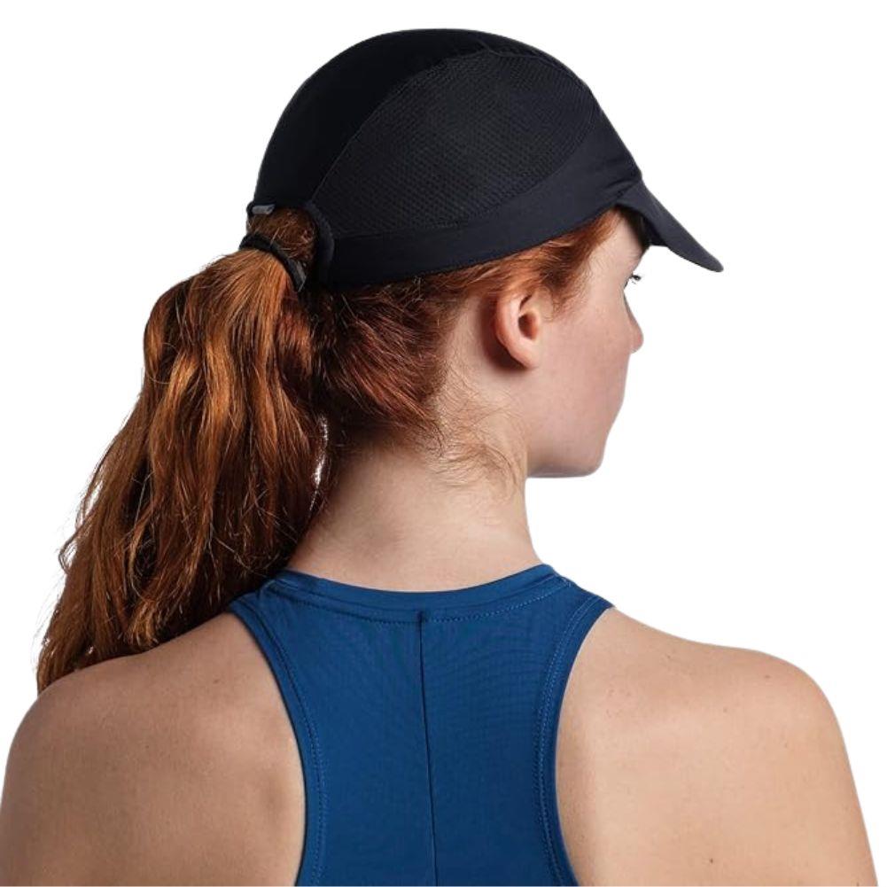 Buff 5 Panel Go Cap (Solid Black) woman head back