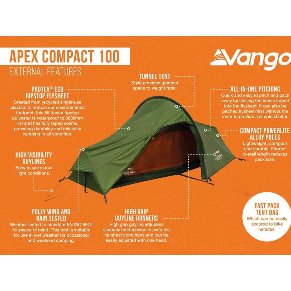 Vango Apex Compact 100 Tent - 1 Man Lightweight Tent (Forest Green) info