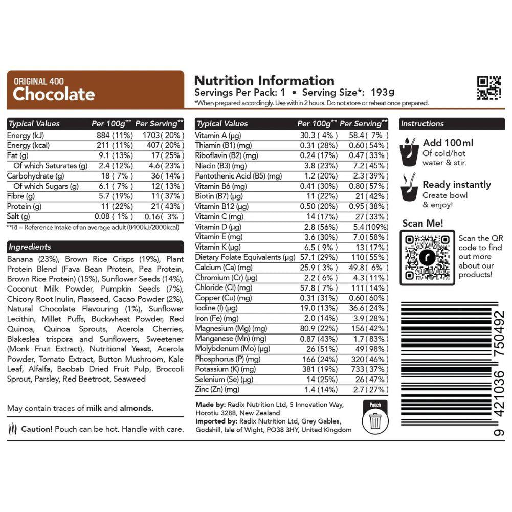 Radix Nutrition Original Breakfast v9.0 - 400Kcal (Chocolate) back