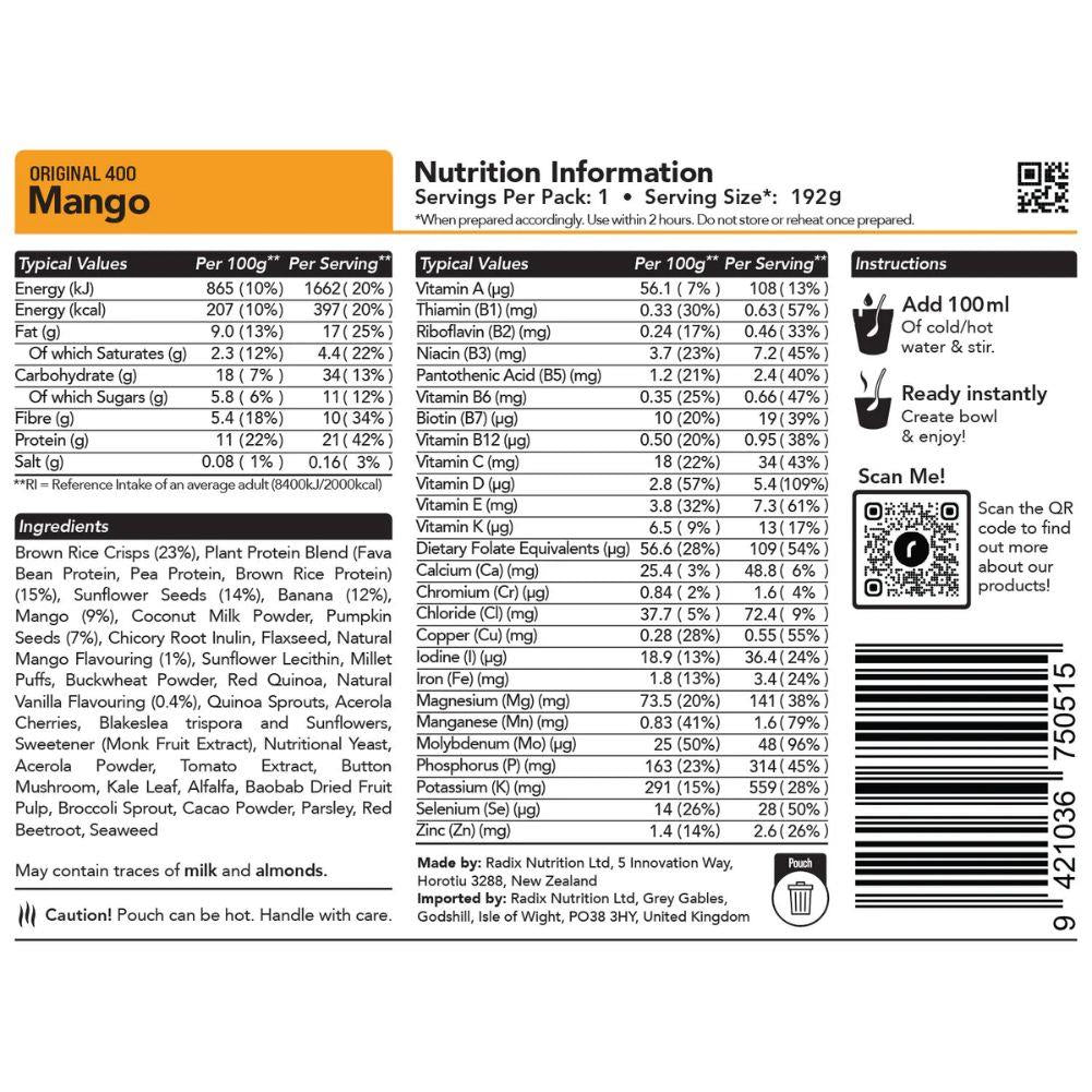 Radix Nutrition Original Breakfast v9.0 - 400Kcal (Mango) back