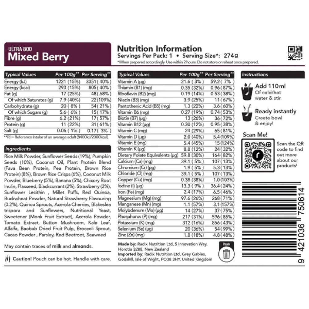 Radix Nutrition Ultra Breakfast v9.0 - 800Kcal (Mixed Berry) back info