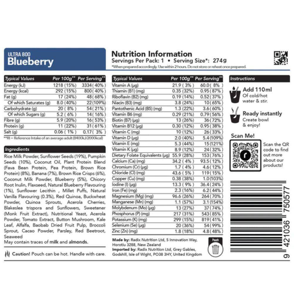Radix Nutrition Ultra Breakfast v9.0 - 800Kcal (Blueberry) back