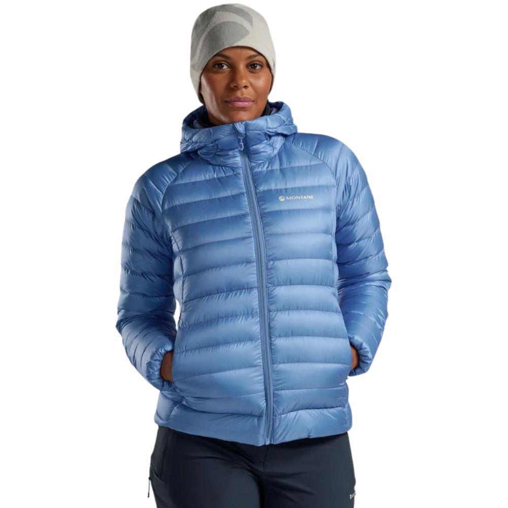 Montane Women's Anti Freeze Hooded Down Jacket - 2025 (Cornflower) hand in pockets