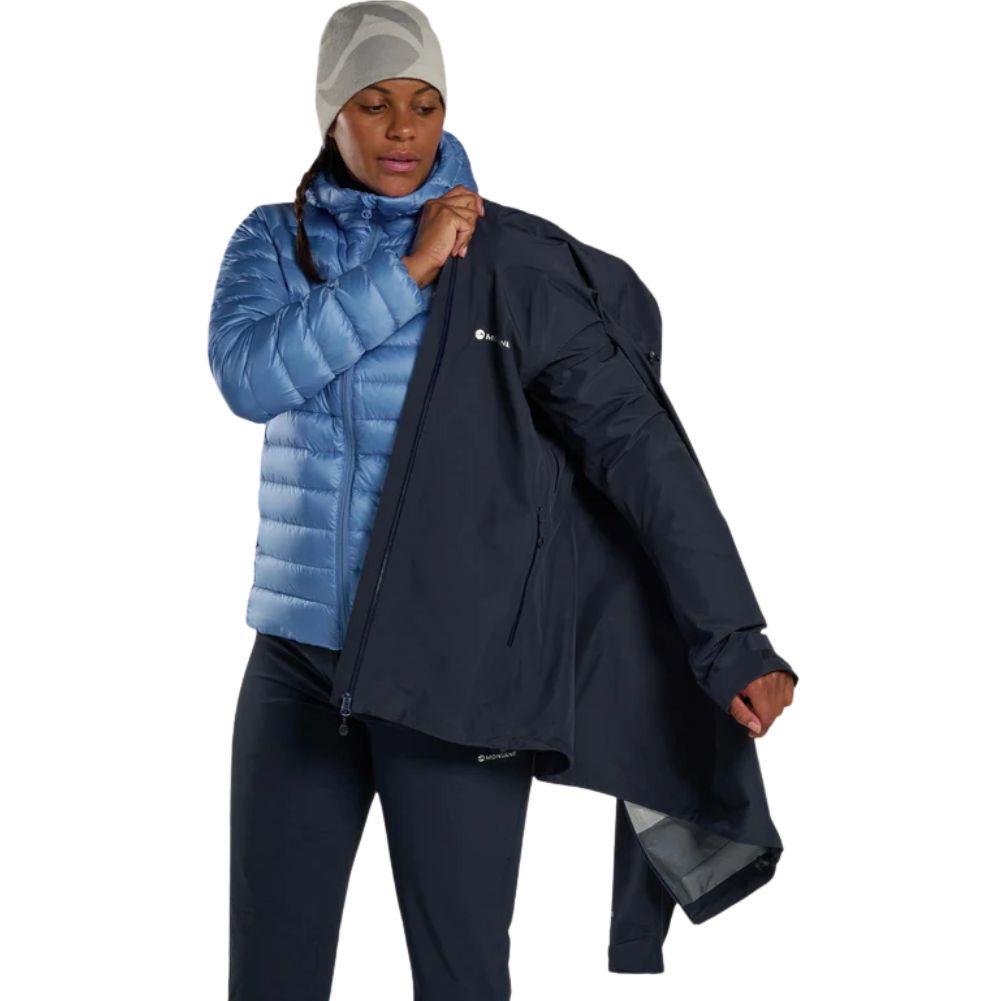 Montane Women&#39;s Anti Freeze Hooded Down Jacket - 2025 (Cornflower) jacket on top