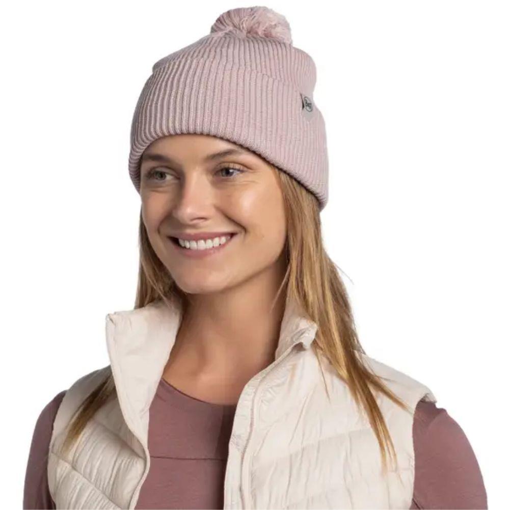 Buff Knitted Beanie (Renvi Rosewood) woman angle