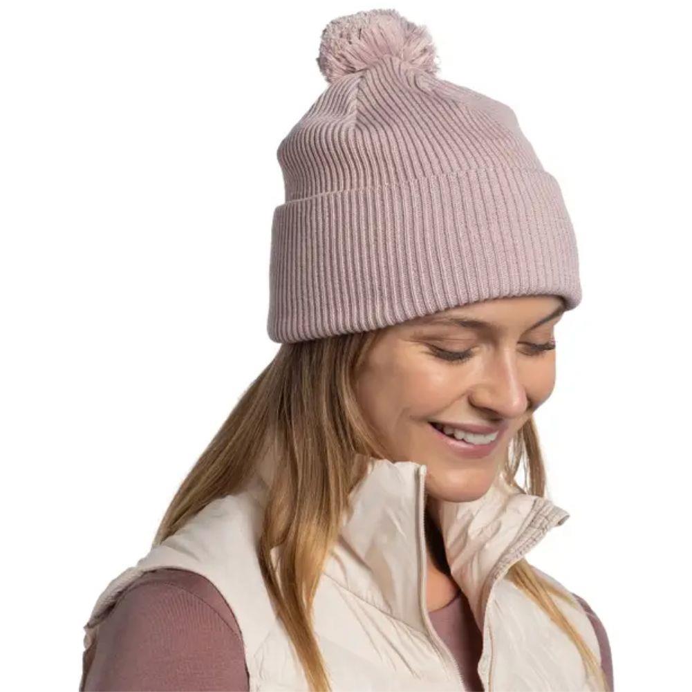 Buff Knitted Beanie (Renvi Rosewood) looking down