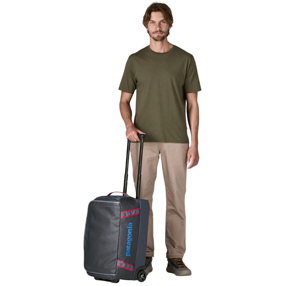 Patagonia Black Hole Wheeled Duffel 40L (Smolder Blue w/Amanita Red) standing