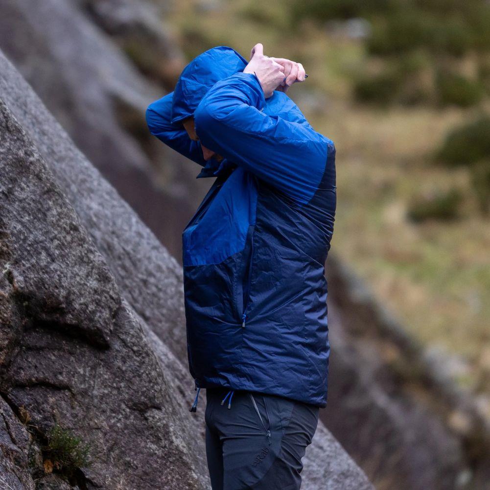 Mountain Equipment Men&#39;s Fitzroy Insulated Jacket (Medieval Blue/Lapis Blue) getting hood