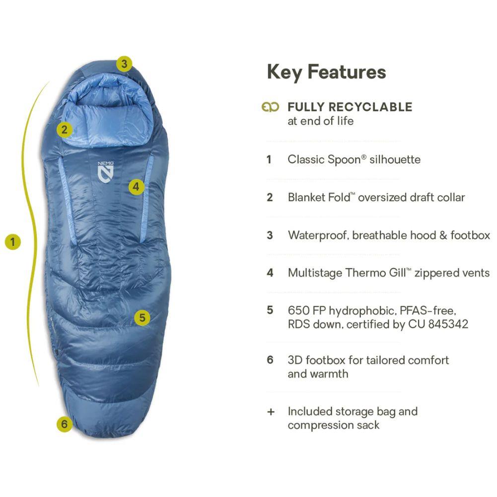 Nemo Equipment Women&#39;s Disco Endless Promise 30°F Regular Down Sleeping Bag (Blue Horizon) Info