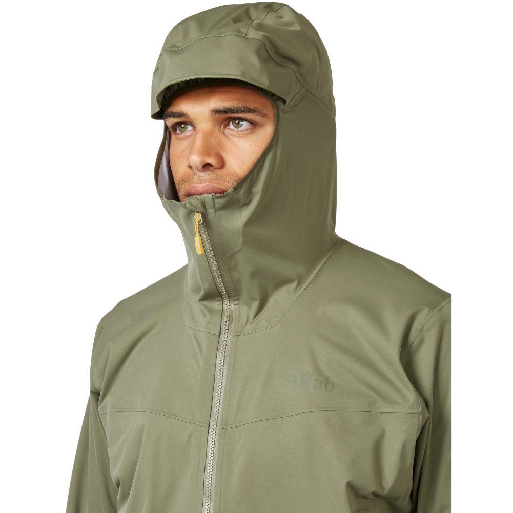 Rab Men&#39;s Downpour Light Waterproof Jacket (Light Khaki) hood up