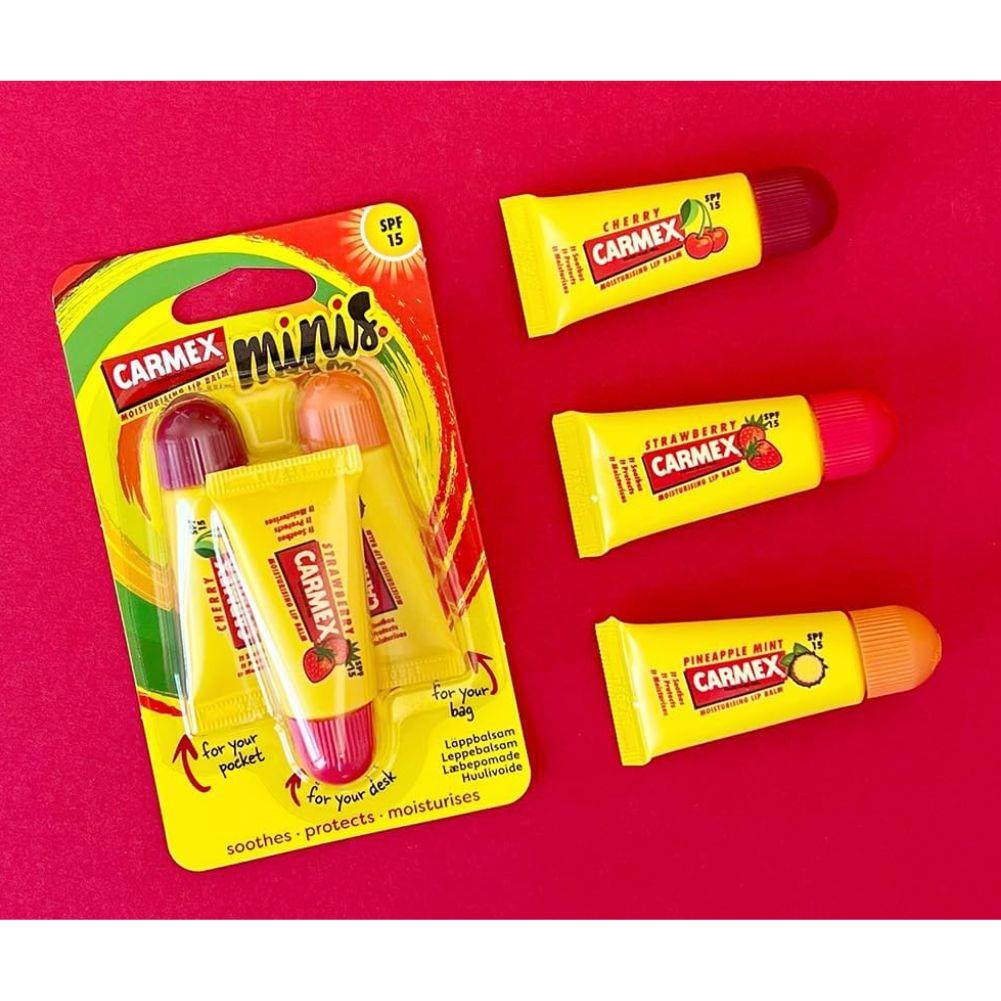 Carmex Minis Lip Balm Tube Set (Cherry, Pineapple &amp; Strawberry) package and minis