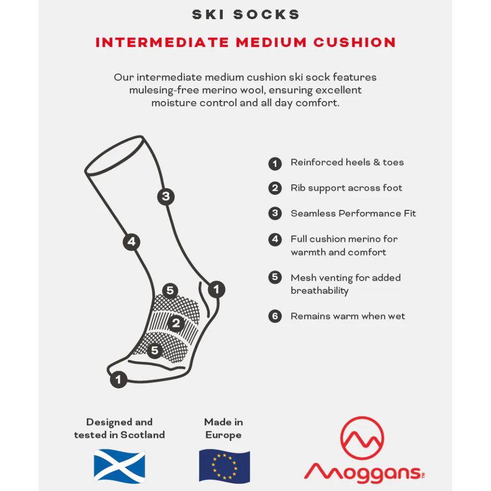 Moggans Intermediate Medium Cushion Ski Socks (Alpine Blue/Grey) info