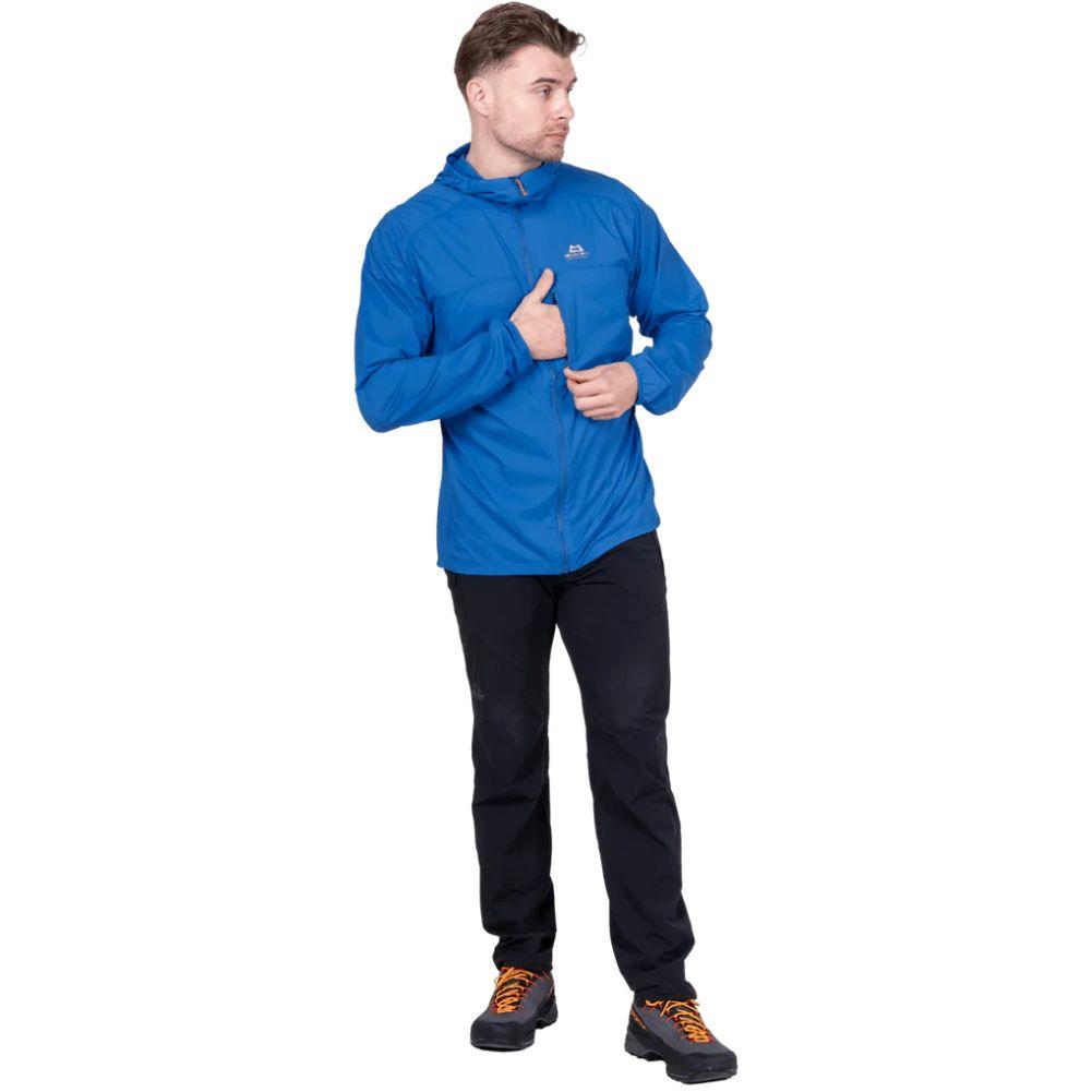 Mountain Equipment Men's Aerofoil Soft Shell Hooded Jacket (Atlantic Blue) hand in pocket