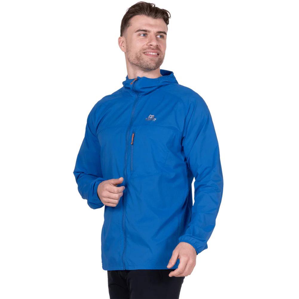Mountain Equipment Men's Aerofoil Soft Shell Hooded Jacket (Atlantic Blue) angle half