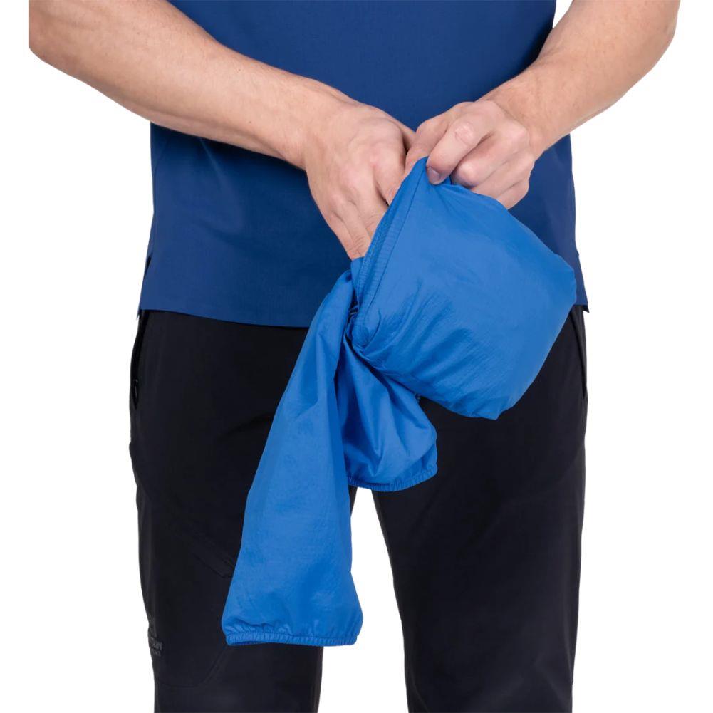 Mountain Equipment Men's Aerofoil Soft Shell Hooded Jacket (Atlantic Blue) packed