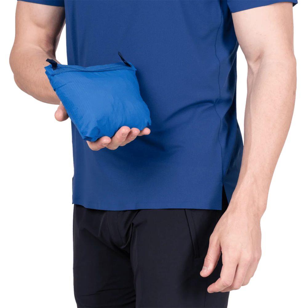 Mountain Equipment Men's Aerofoil Soft Shell Hooded Jacket (Atlantic Blue) holding