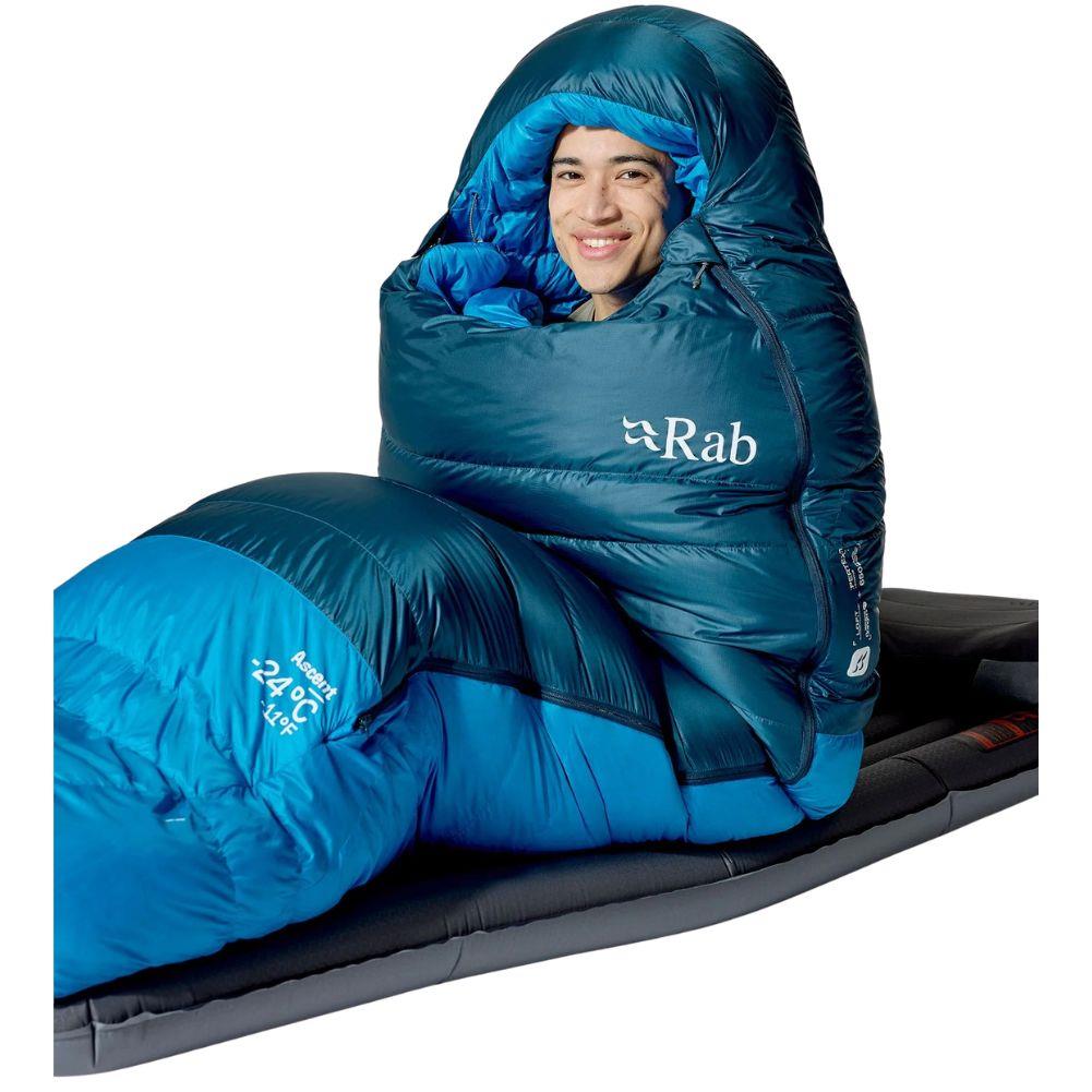 Rab Ascent Down Sleeping Bag (-18°C) - Regular - Left Zip (Tempest Blue/Maya Blue) sitting