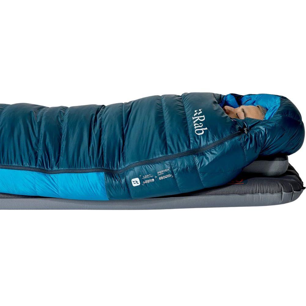 Rab Ascent Down Sleeping Bag (-24°C) - Regular - Left Zip (Tempest Blue/Maya Blue) lay