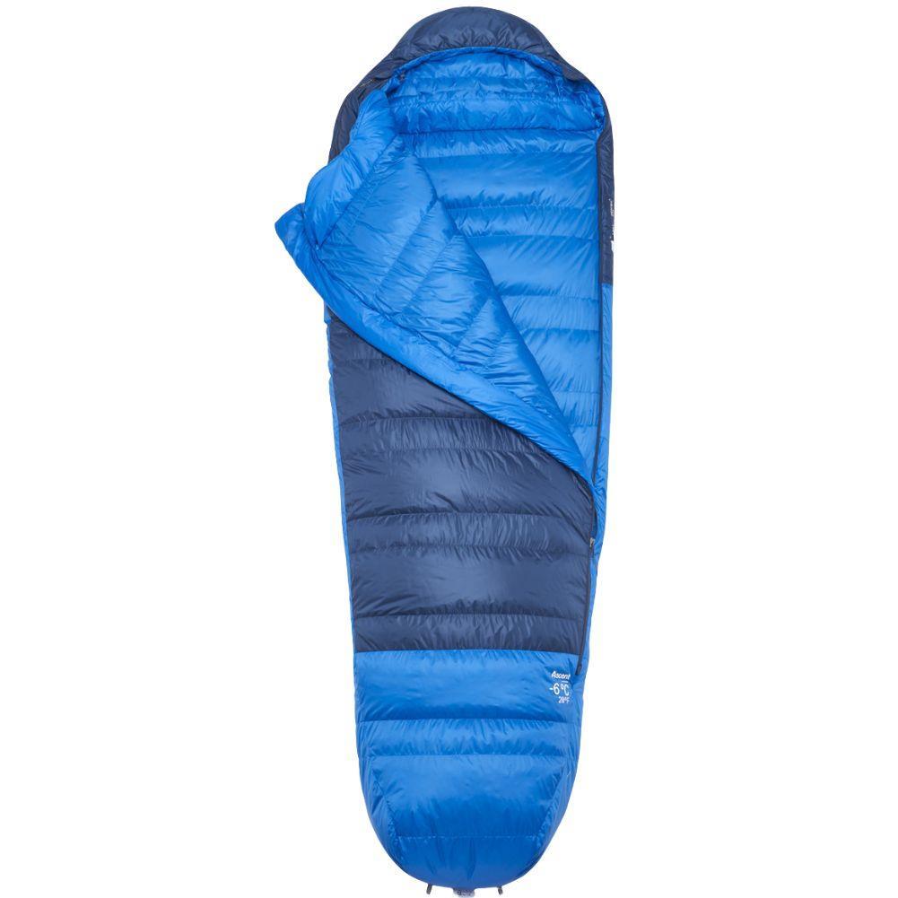 Rab Ascent Down Sleeping Bag (-6°C) - Long - Left Zip (Tempest Blue/Maya Blue) open