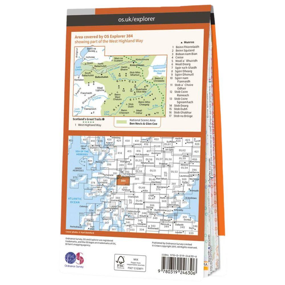 Ordnance Survey Explorer Map 384 Glen Coe &amp; Glen Etive Back