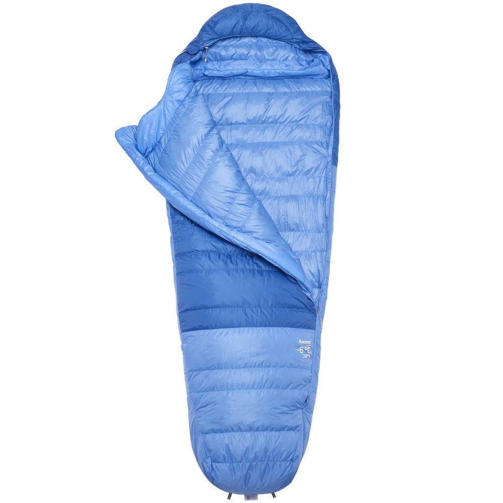 Rab Women's Ascent Down Sleeping Bag (-18°C) - Regular - Left Zip (Dark Bluebird/Bluebird) open